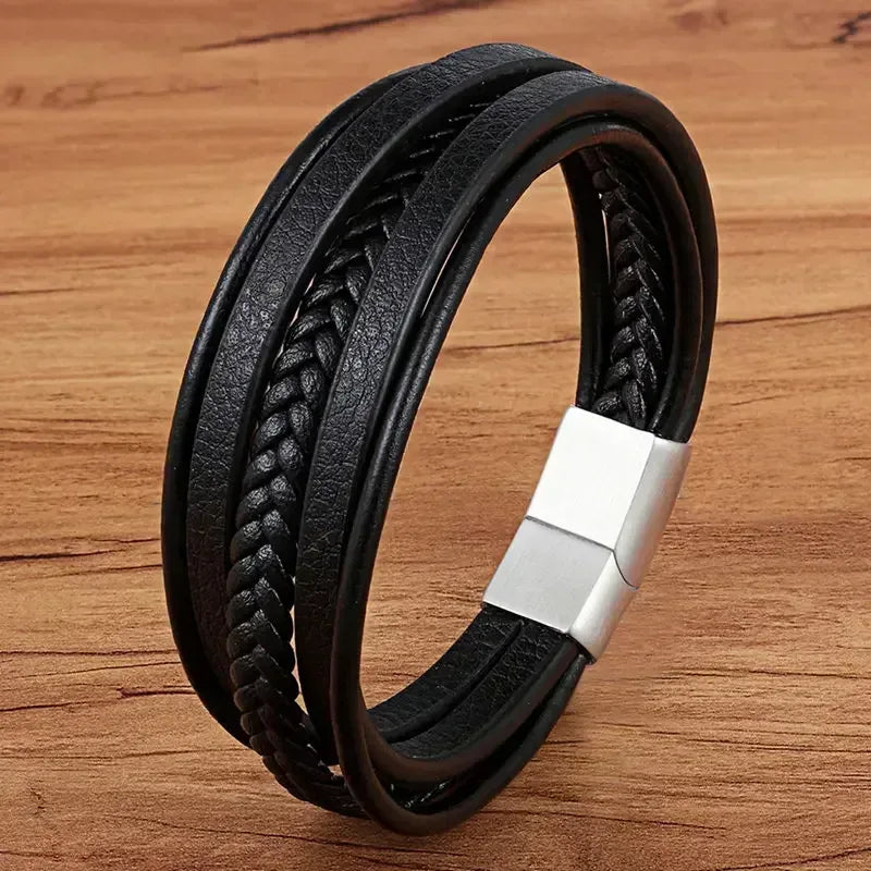 EMESA HOME Fashion Stainless Steel Charm Bracelet – Black Leather, Genuine Braided, Punk Rock Jewelry Accessories for Men - EMESA HOME™