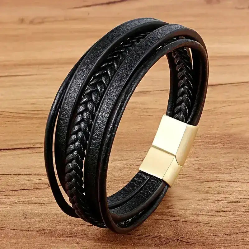 EMESA HOME Fashion Stainless Steel Charm Bracelet – Black Leather, Genuine Braided, Punk Rock Jewelry Accessories for Men - EMESA HOME™