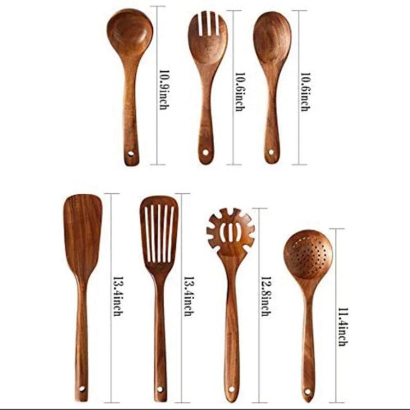 Set of wooden kitchen utensils with measurements on a white background