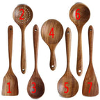 Set of seven wooden spoons with numbers indicating their order on a white background.