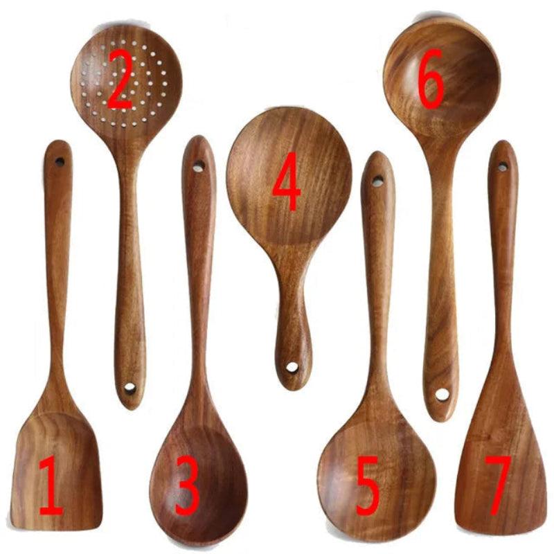 Set of seven wooden spoons with numbers indicating their order on a white background.