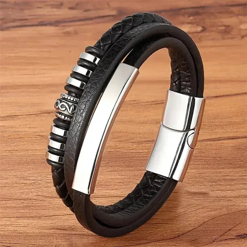 EMESA HOME Fashion Stainless Steel Charm Bracelet – Black Leather, Genuine Braided, Punk Rock Jewelry Accessories for Men - EMESA HOME™