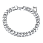 Silver chain bracelet with a close-up of its width on a white background