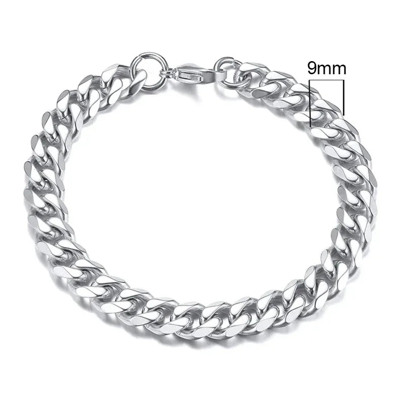 Silver chain bracelet with a close-up of its width on a white background