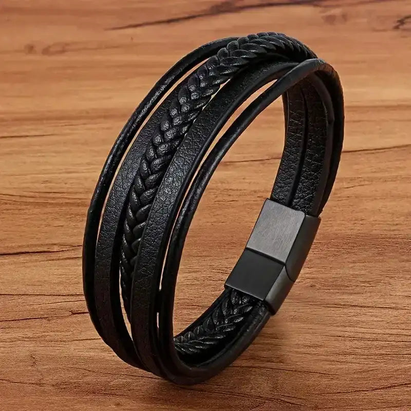 EMESA HOME Fashion Stainless Steel Charm Bracelet – Black Leather, Genuine Braided, Punk Rock Jewelry Accessories for Men - EMESA HOME™
