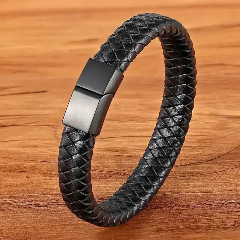 EMESA HOME Fashion Stainless Steel Charm Bracelet – Black Leather, Genuine Braided, Punk Rock Jewelry Accessories for Men - EMESA HOME™