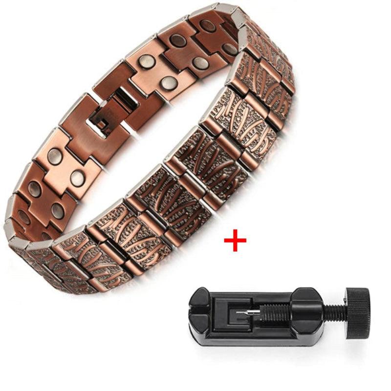 Bronze metal bracelet with a tool on a white background