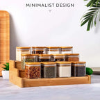 Bamboo spice rack with glass containers on a light surface, labeled 'Minimalist Design'.