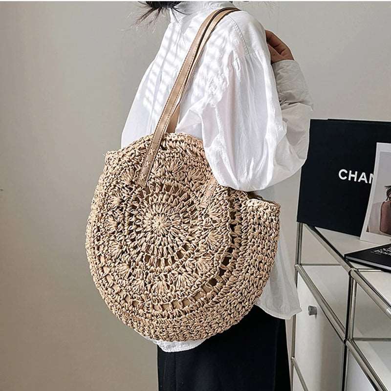 EMESA HOME Summer Round Straw Women Vacation Woven Beach Shoulder Bag Large Capacity Hollow Out Simple Tote Bag