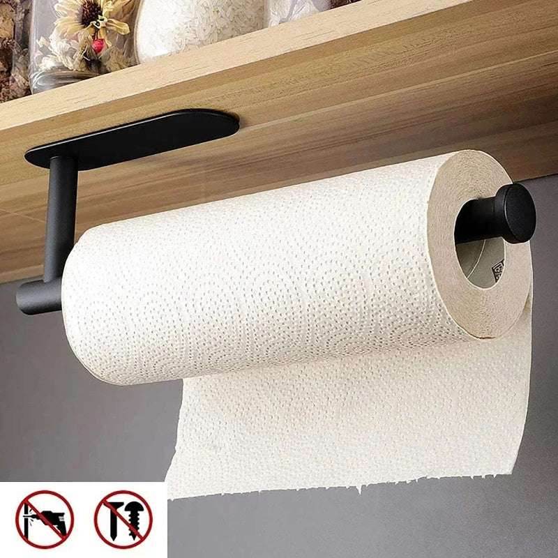 EMESA HOME Adhesive Kitchen Paper Towel Holder – Tissue Hanger & Toilet Roll Dispenser for Cabinet, Bathroom, and Napkin Storage Rack 2Long black