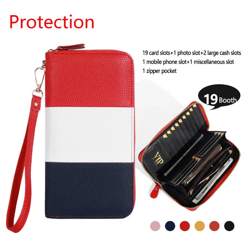 Red, white, and blue wallet with compartments and a wrist strap on a white background.