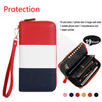 Red, white, and blue wallet with compartments and a wrist strap on a white background.