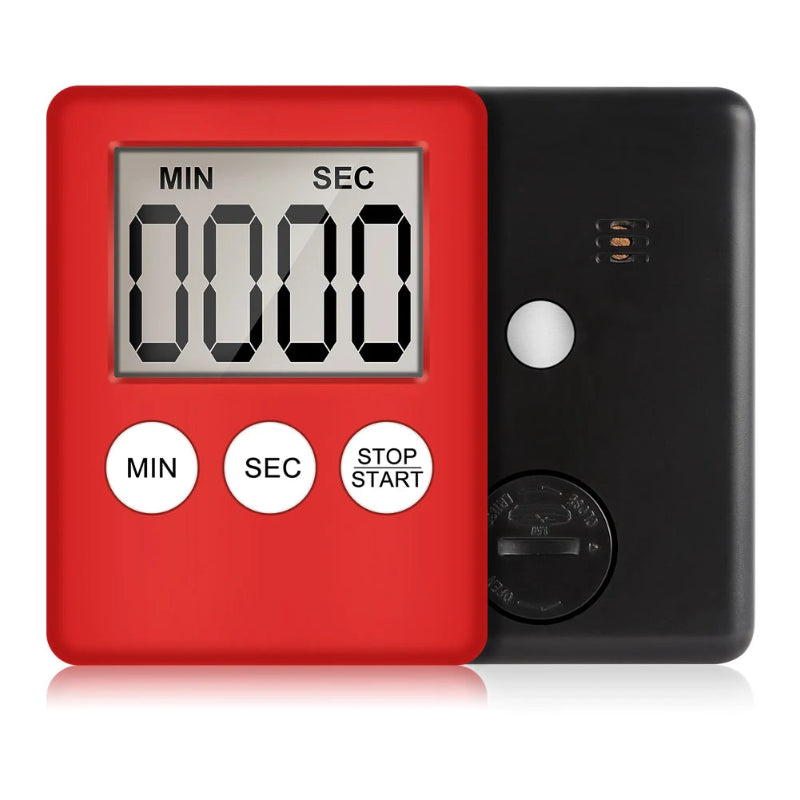 A digital stopwatch timer shown in two views: a red front face with a digital LCD display and three white buttons labeled MIN, SEC, and STOP/START, alongside a black back view showing a dial and small indicator lights.