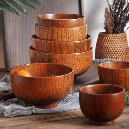 EMESA HOME Japanese Jujube Wood Small Soup and Salad Bowls, Solid Wood Retro Tableware for Home Use