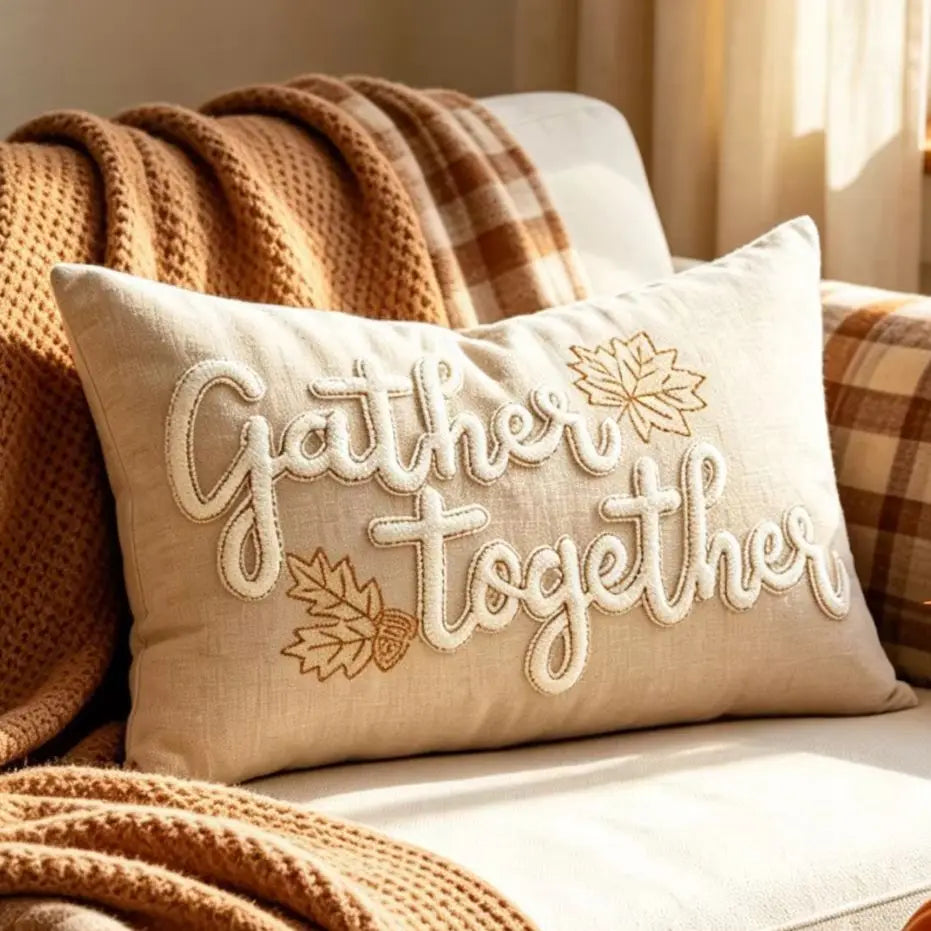 A beige throw pillow with the phrase 'Gather together' in raised script and embroidered maple leaves, resting on a sofa draped with a chunky knit blanket and plaid throw.