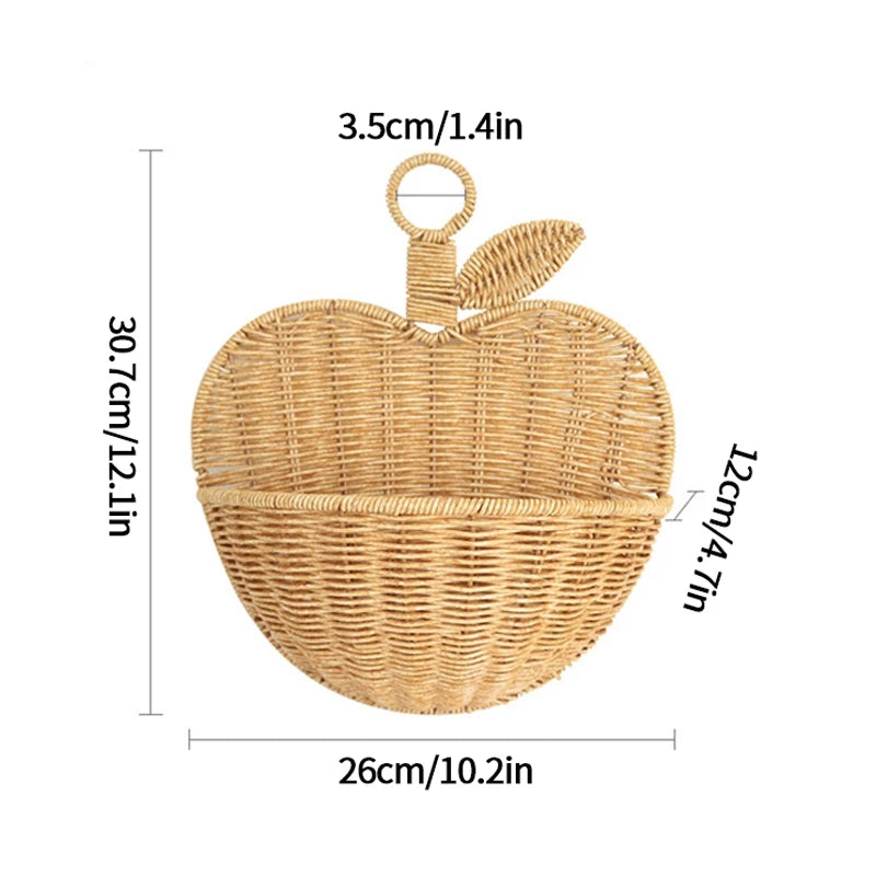 Woven apple-shaped basket with dimensions on a white background