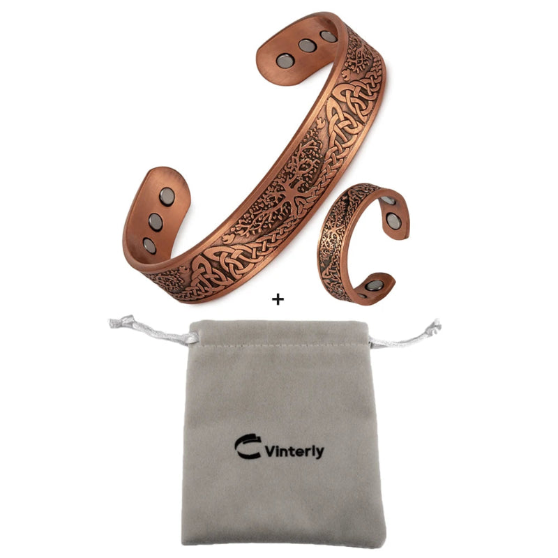 Copper bracelet with intricate designs on a white background, featuring the Vinterly brand.