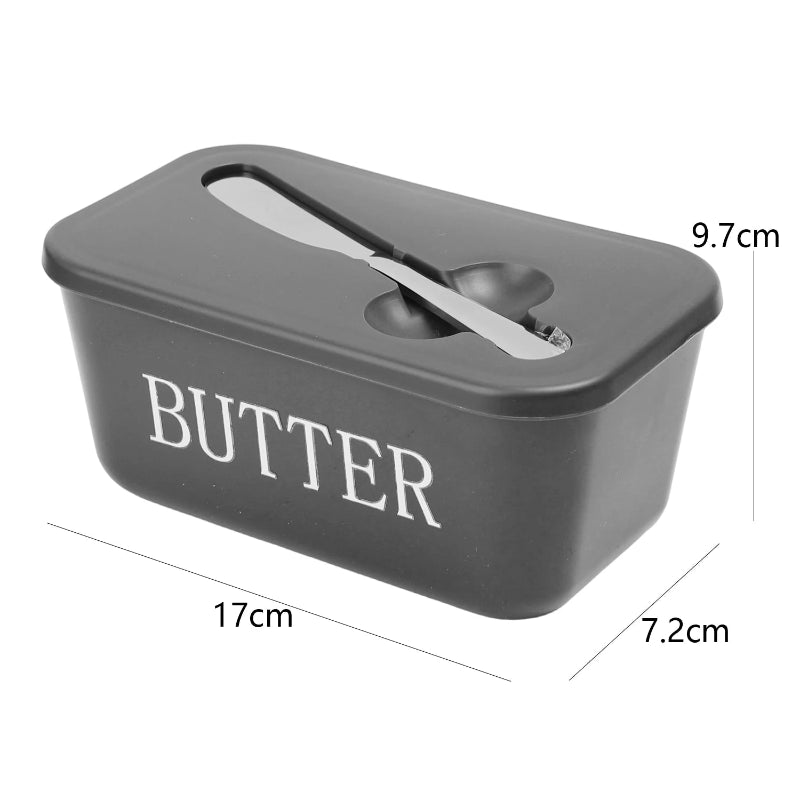 Gray butter container with a knife inside, labeled 'BUTTER', on a white background with dimensions indicated.