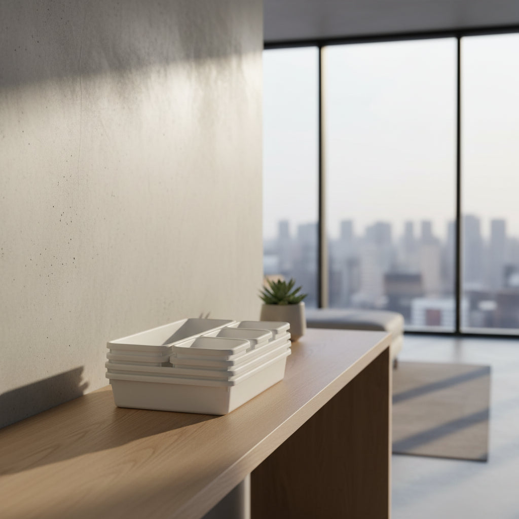 Set of white plastic containers with compartments on a white background