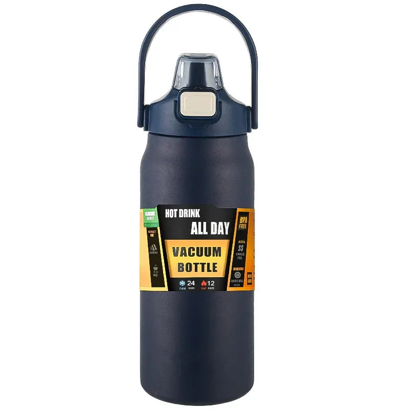 Black vacuum bottle with a handle on a white background