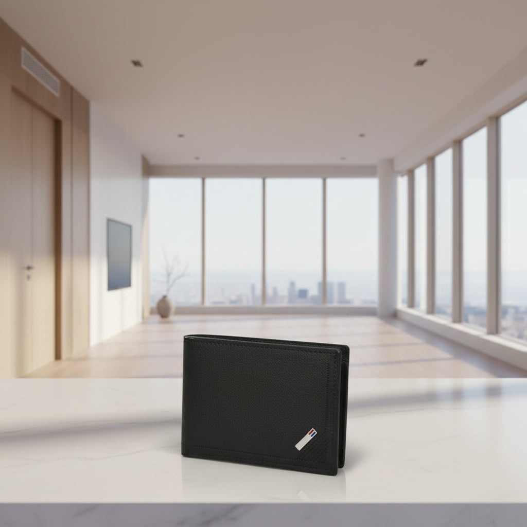 Black wallet with a brand logo on a wooden surface next to a brown leather belt.