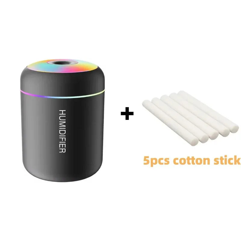 Black humidifier with colorful light and five cotton sticks on a white background