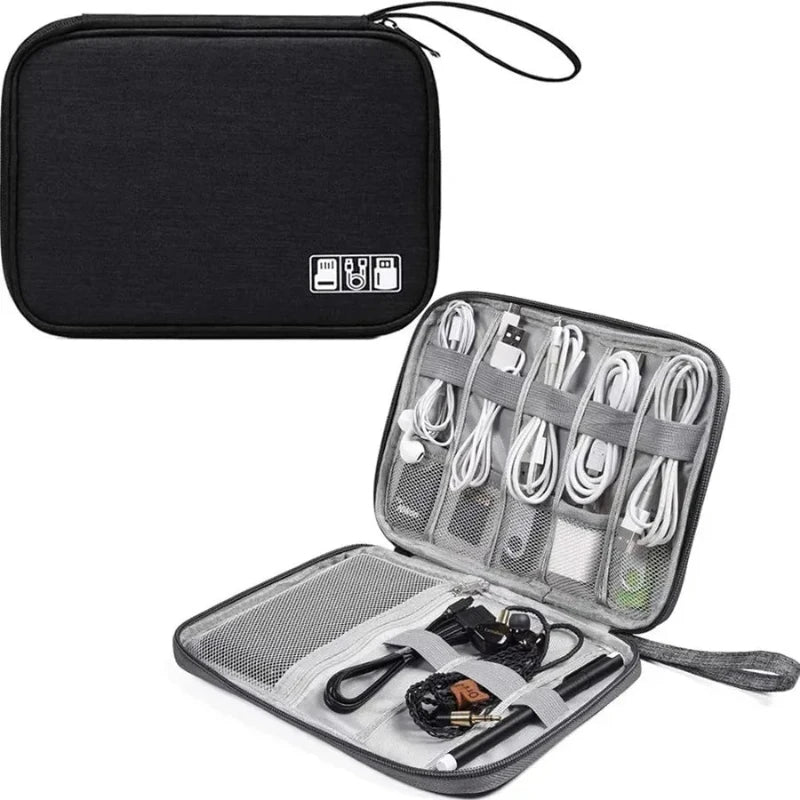 Black travel organizer with compartments for electronic cables and accessories on a white background