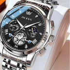 Silver wristwatch with black dial on a white background, featuring the OLEVS brand.