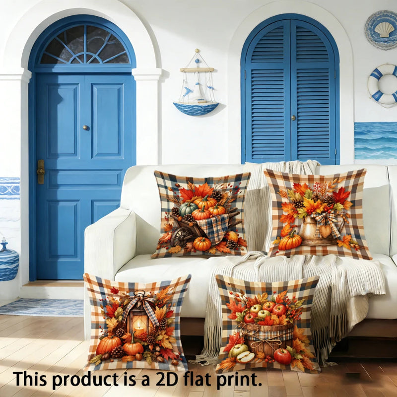 Three square throw pillows with a 2D flat print of an autumn harvest scene, styled on a white sofa in a coastal-themed living room with blue shutters and doors. Text at the bottom reads 'This product is a 2D flat print.