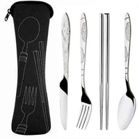 EMESA HOME 4-Piece Portable Stainless Steel Cutlery Set – Printed Knife, Fork & Spoon Tableware with Carrying Bag for Travel & Camping - product image