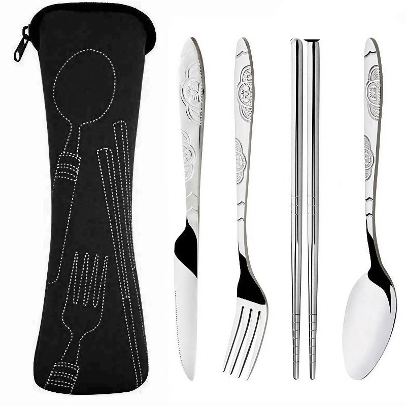 A 5-piece stainless steel portable cutlery set with engraved handles, shown next to its black zippered carrying case with white dotted utensil outlines. The brand name 'JJYY' is displayed in the top right corner.