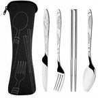 A 5-piece stainless steel portable cutlery set with engraved handles, shown next to its black zippered carrying case with white dotted utensil outlines. The brand name 'JJYY' is displayed in the top right corner.