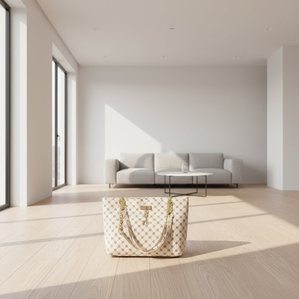 Patterned handbag with gold chain straps on a wooden surface