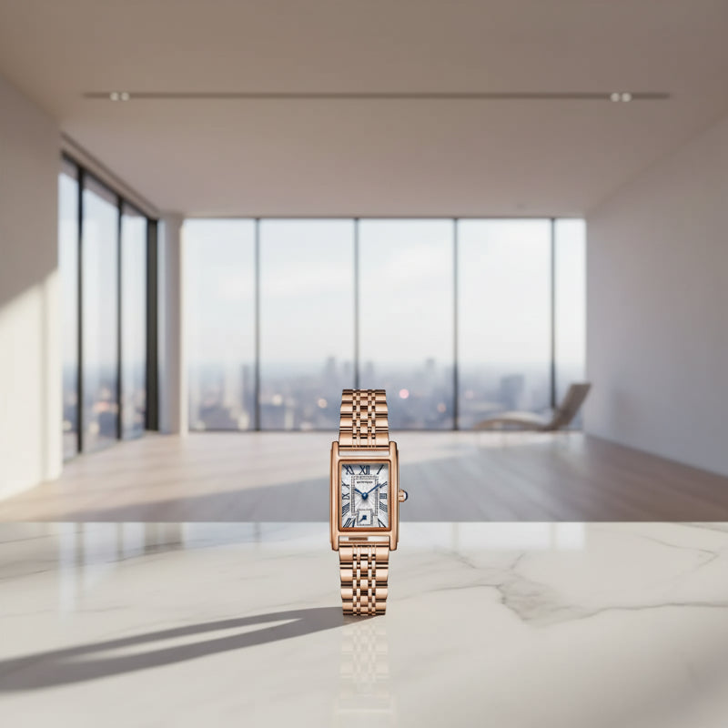 Rose gold watch with rectangular face on a white background, featuring the brand 'SANDA'.