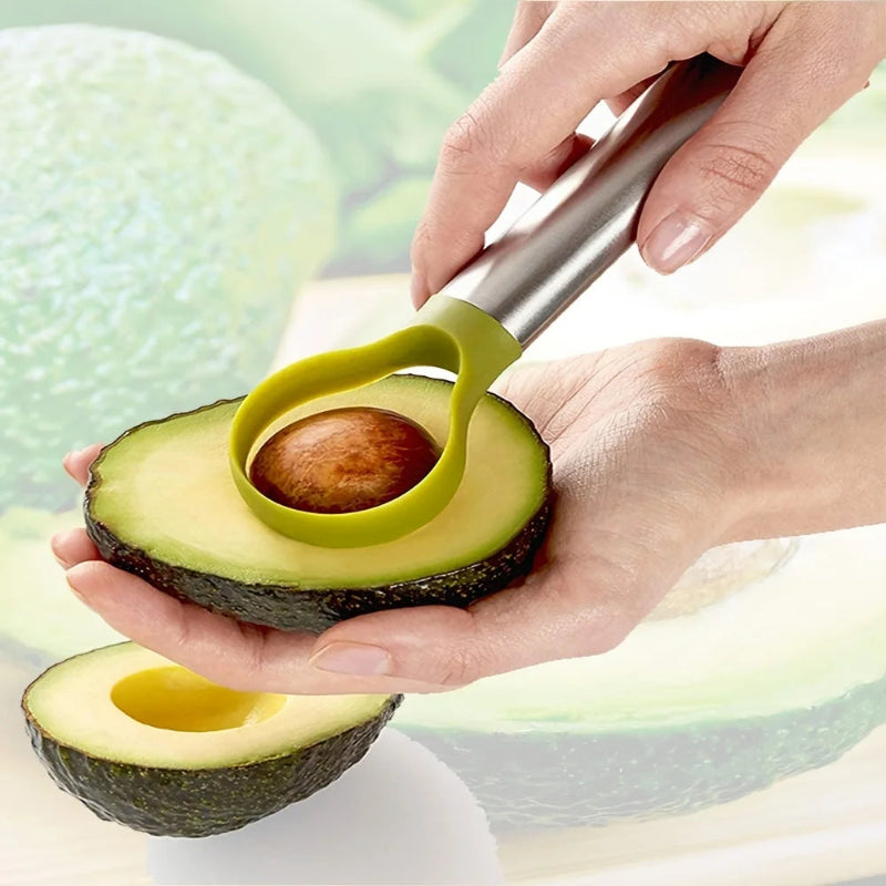 Person using an avocado peeler to remove the pit from an avocado.
