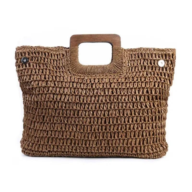 Brown woven handbag with wooden handles on a white background