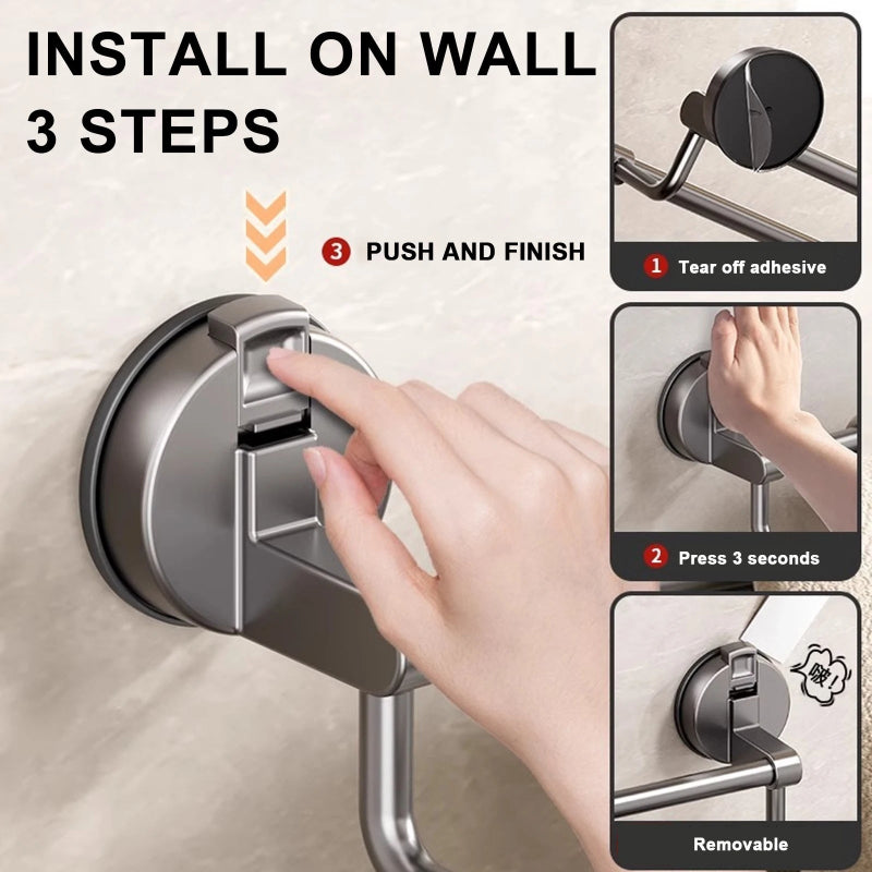 Step-by-step guide on installing a wall-mounted product with a hand demonstrating the process.