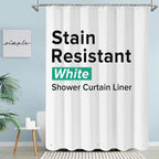 White shower curtain liner with text on a bathroom setting