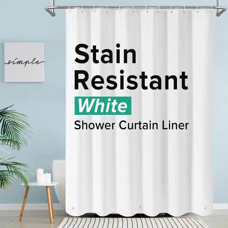 White shower curtain liner with text on a bathroom setting