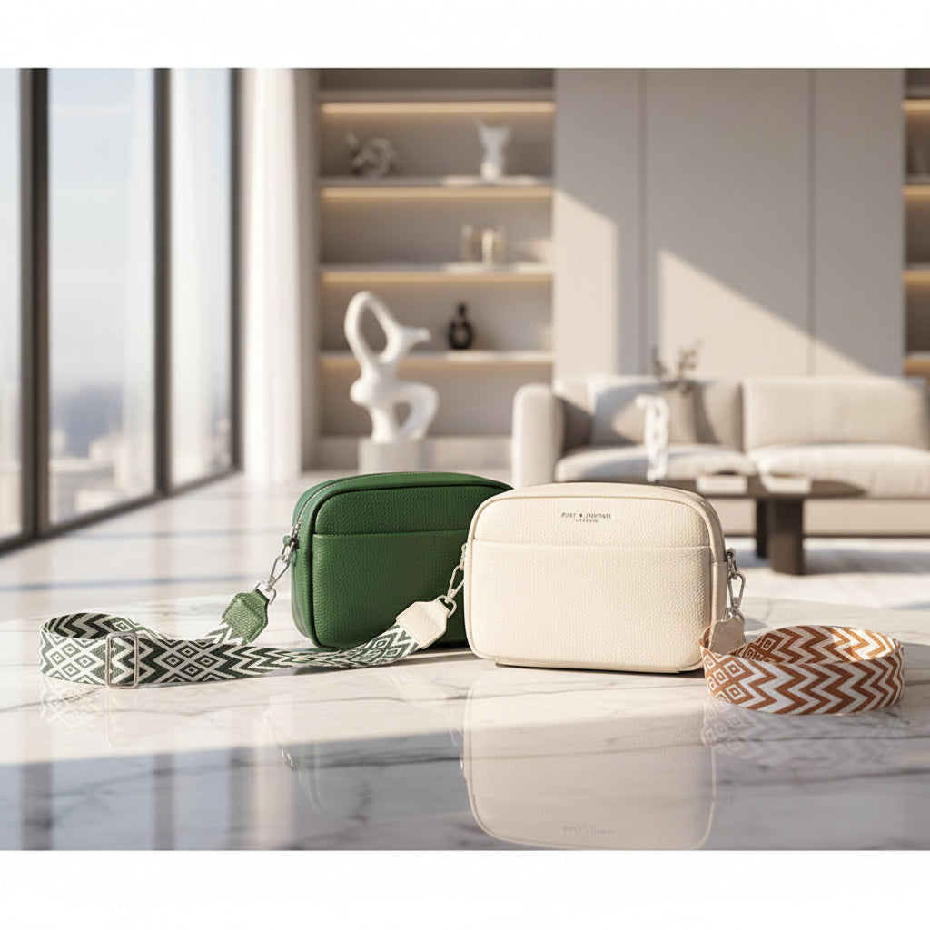 Two crossbody bags, one green and one beige, on a beige background.