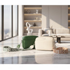 Two crossbody bags, one green and one beige, on a beige background.