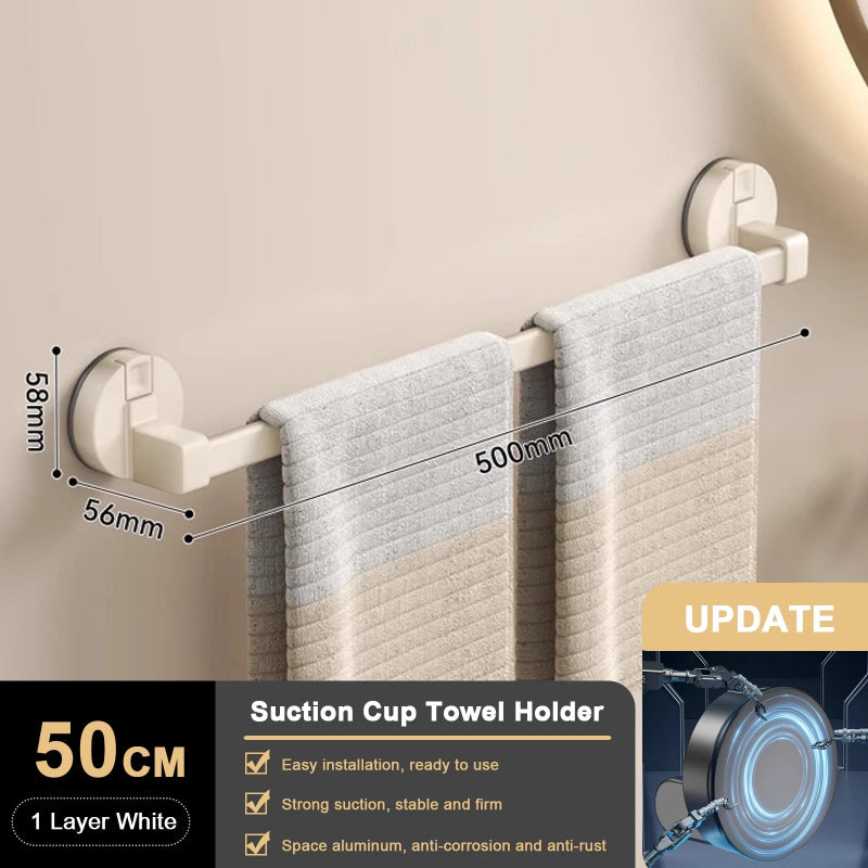 Suction cup towel holder with towels on a neutral background