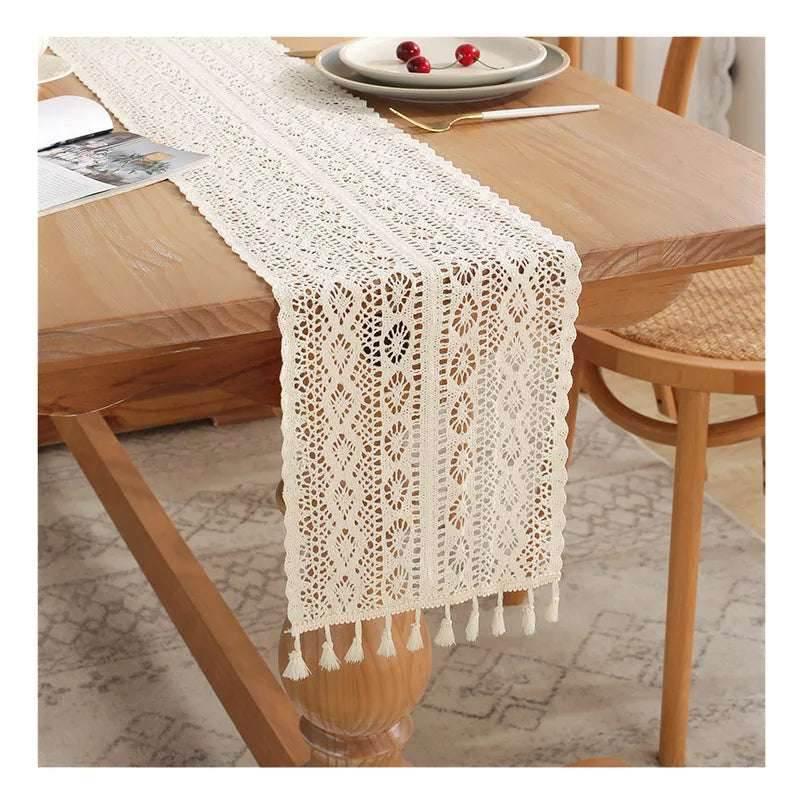 EMESA HOME Vintage Beige Table Runner with Crochet Lace, Cotton Blend, Tassels for Coffee Table, Wedding, and Christmas Décor. - EMESA HOME™