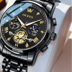 Black and gold OLEVS watch with detailed face on a white background