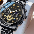 Black and gold OLEVS watch with detailed face on a white background