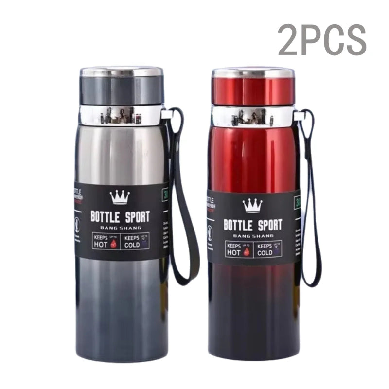 Two stainless steel bottles, one silver and one red, with 'Bottle Sport' branding on a white background.