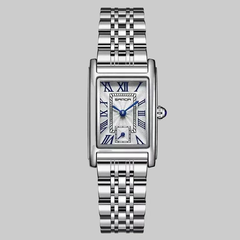 Silver watch with rectangular face on a white background, featuring the brand 'SANDA'.