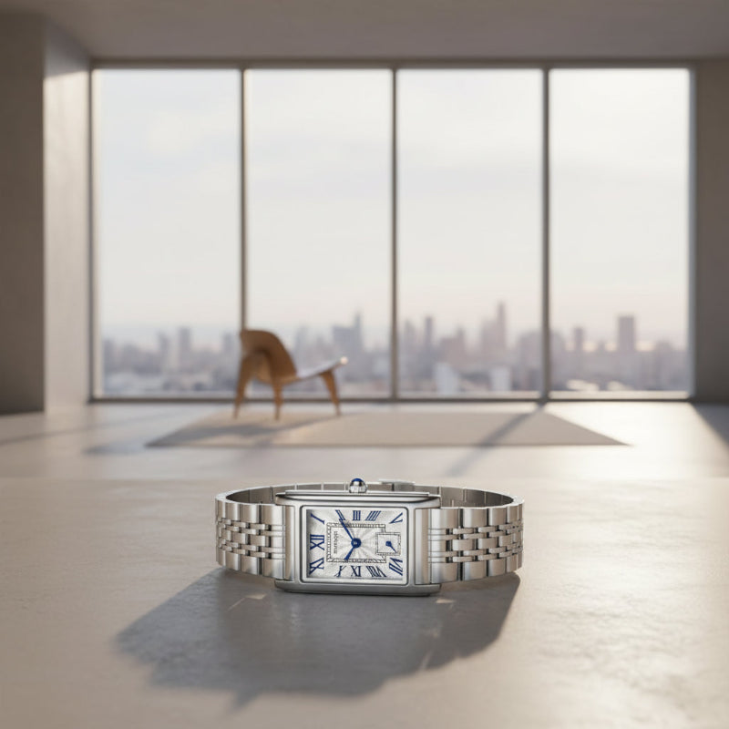 Silver watch with rectangular face on a white background, featuring the brand 'SANDA'.