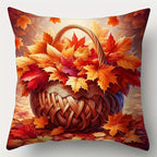 Decorative pillow with autumn leaves and a basket design on a white background