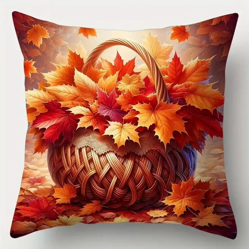 Decorative pillow with autumn leaves and a basket design on a white background